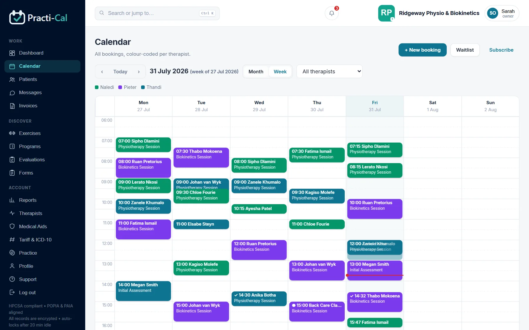 Week view of the calendar with sessions colour-coded per therapist
