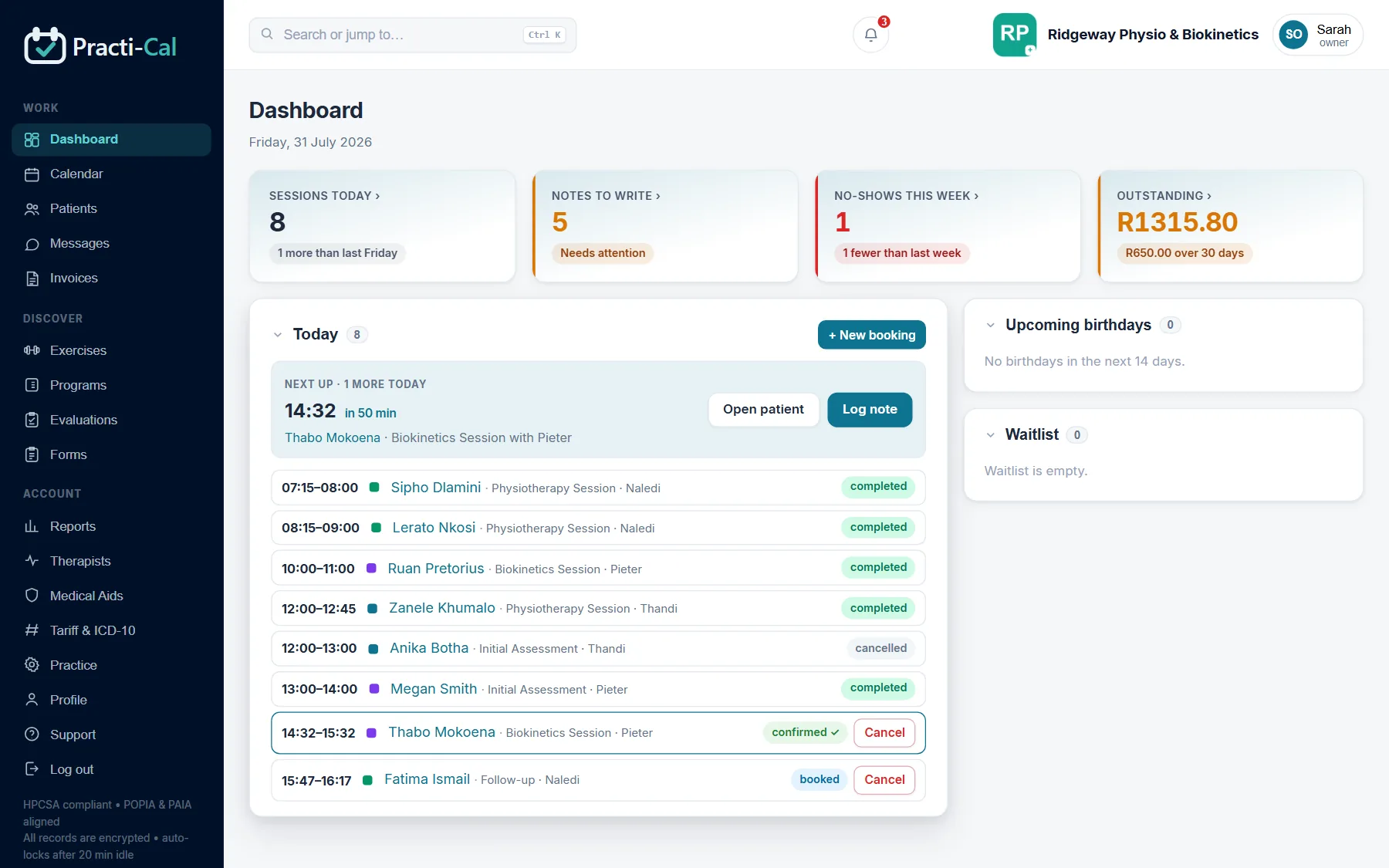 The Practi-Cal dashboard showing the next patient, today's sessions and outstanding invoices