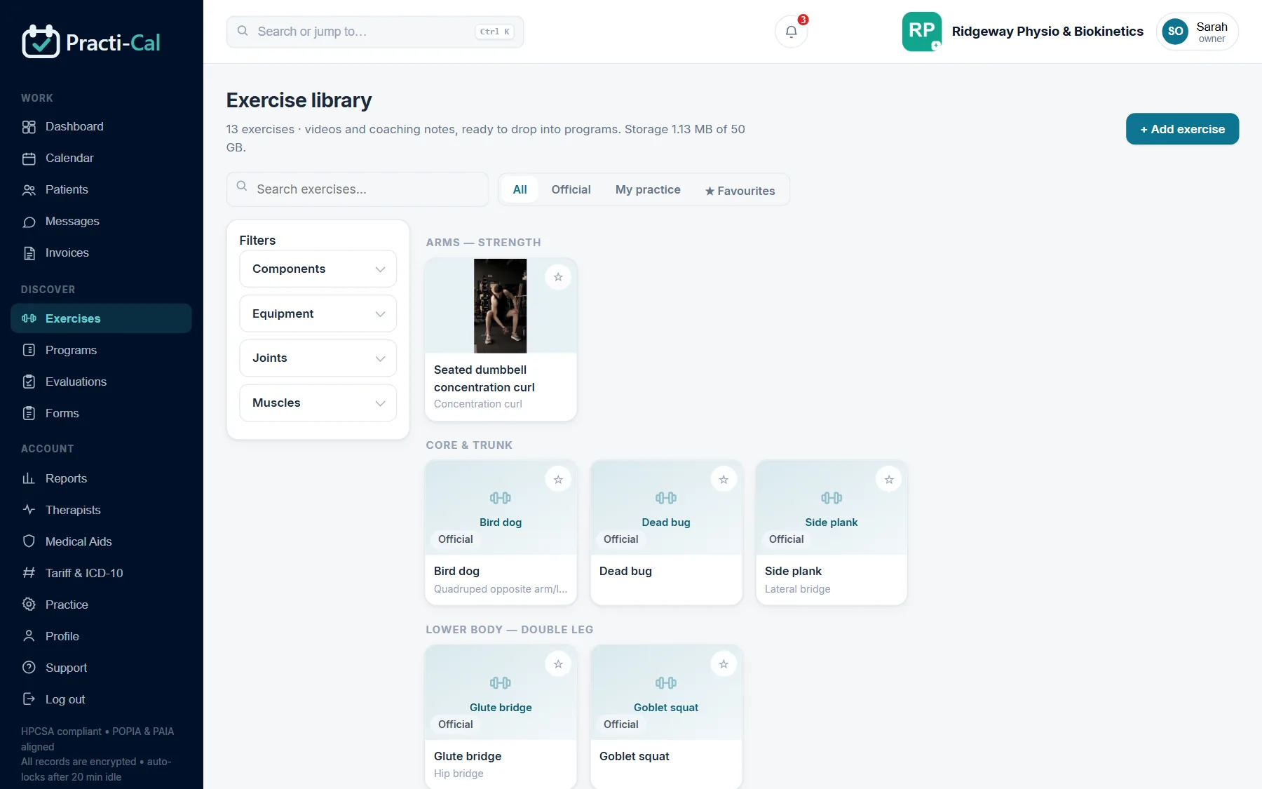 Exercise library grouped by body region with filters