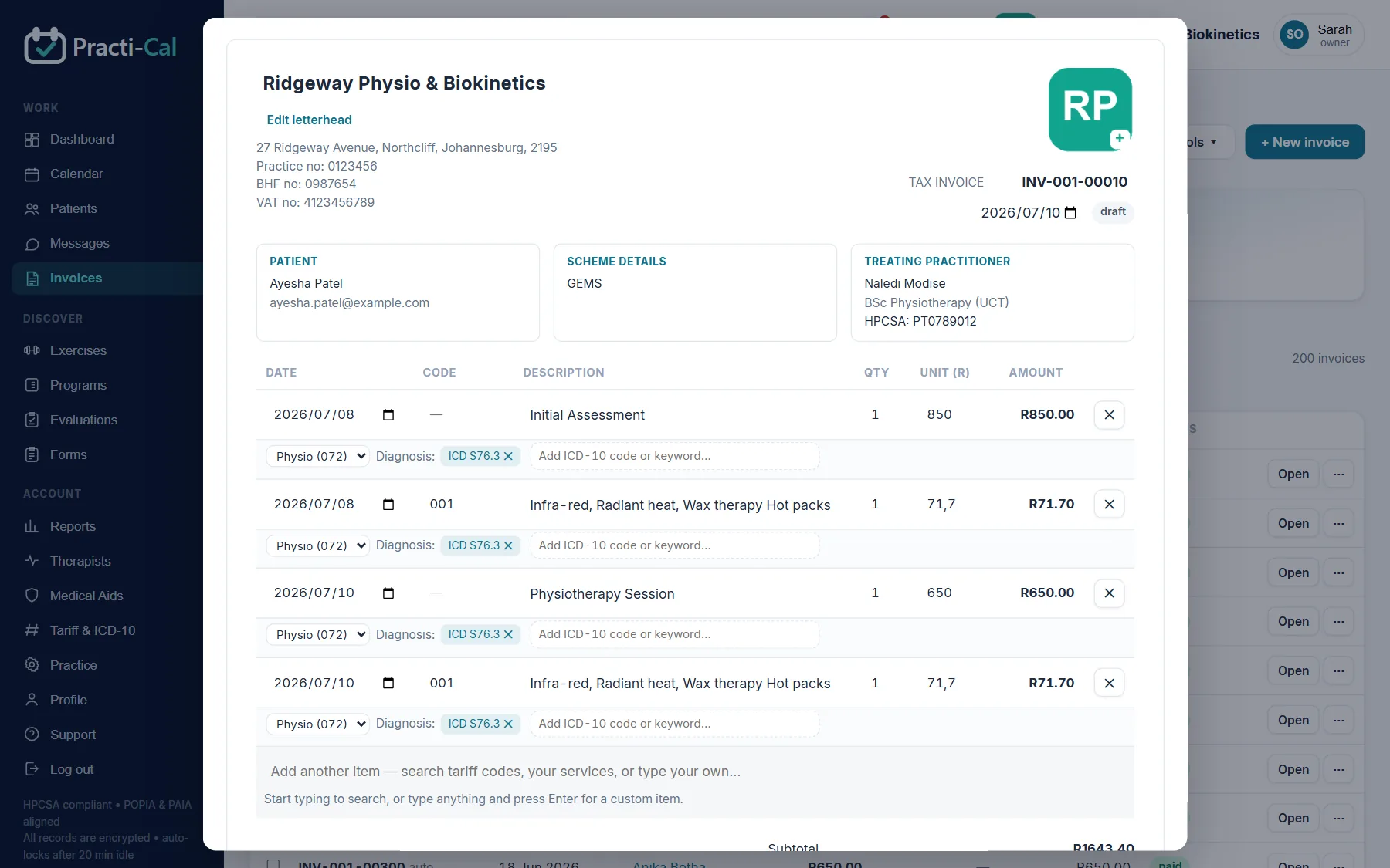 The invoice editor showing tariff codes, ICD-10 diagnosis codes and the treating practitioner