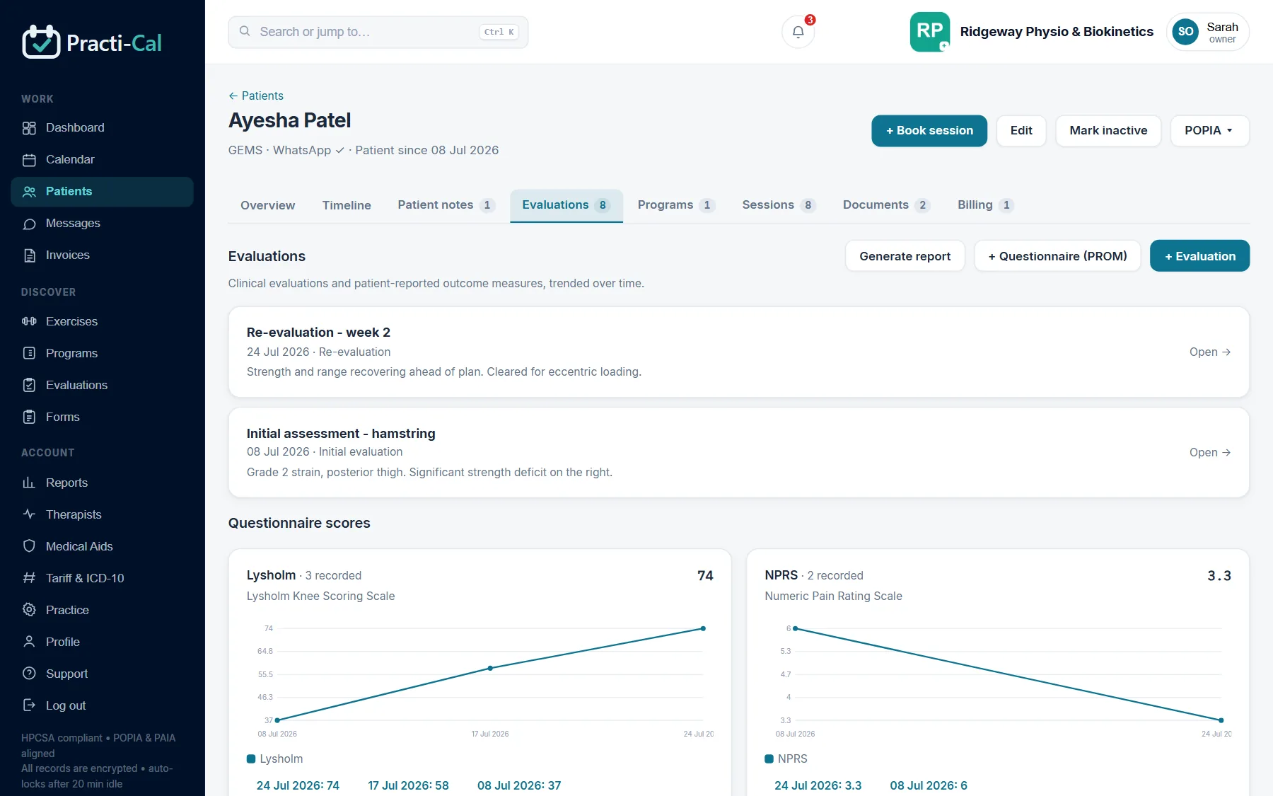 Evaluations tab showing outcome measure trends over time