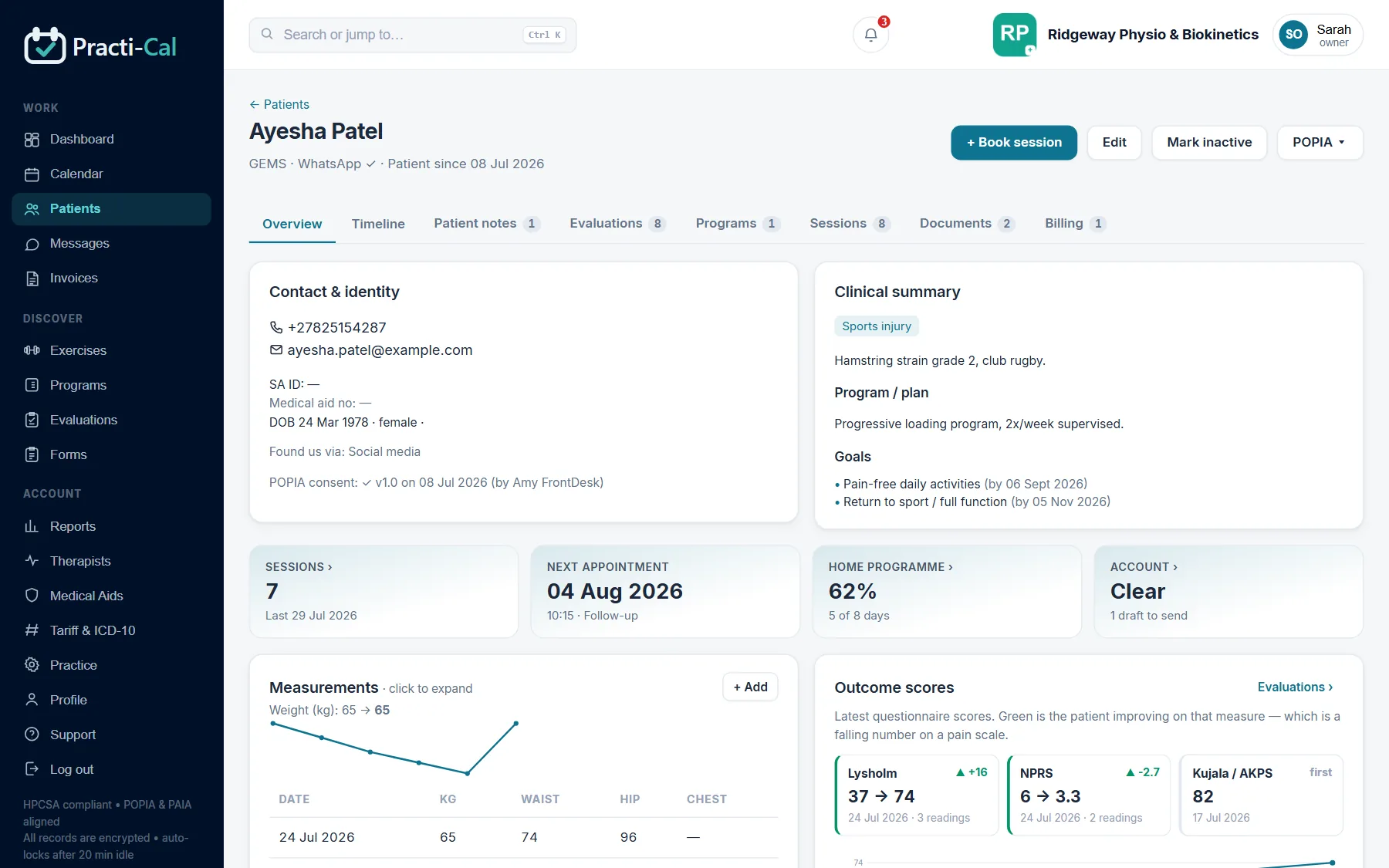 Patient overview showing next appointment, balance, outcome scores and adherence
