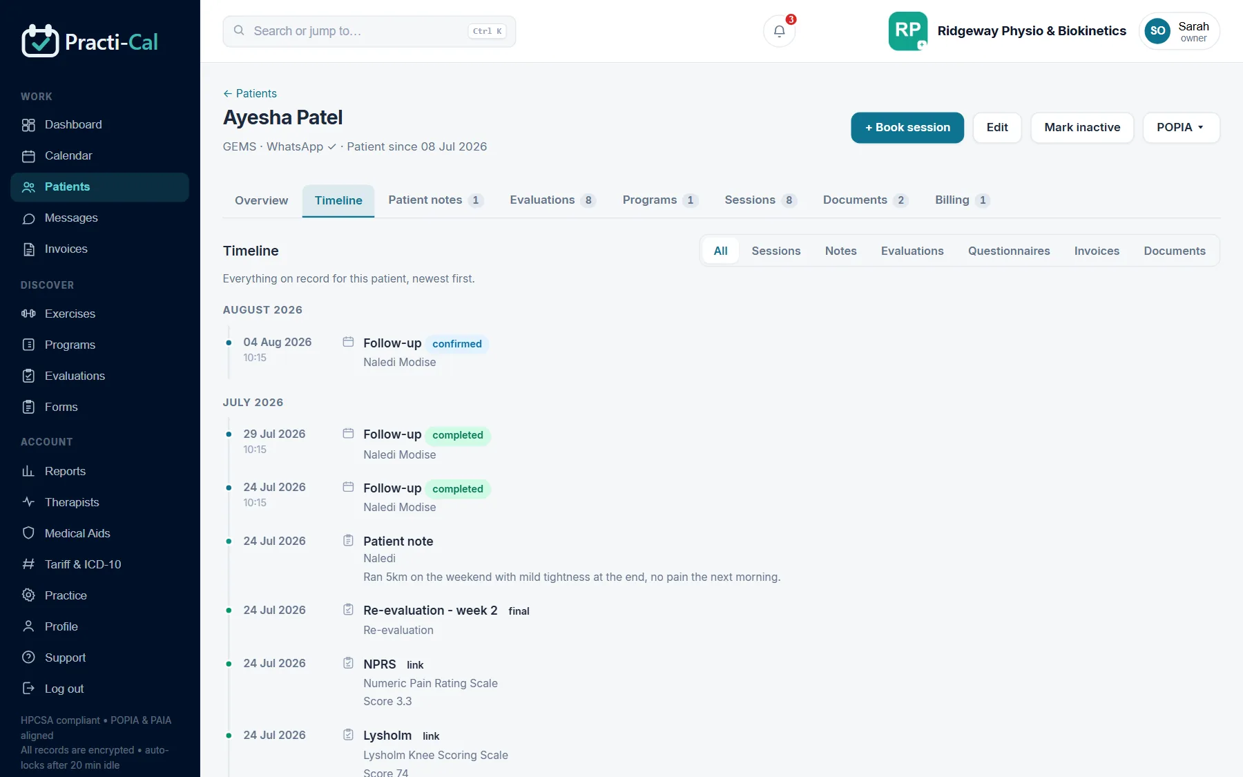 Patient timeline merging sessions, notes, evaluations, invoices and documents